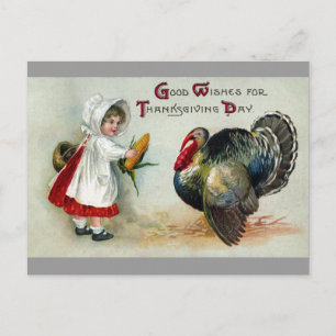 Cartes Pour Fêtes Annuelles Fille nourrit du maïs à la Turquie Thanksgiving Vi