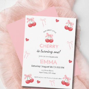 Cartes Pour Fêtes Annuelles Fille premier anniversaire Cerise & Nœud Rose Mign