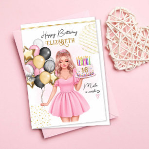 Cartes Pour Fêtes Annuelles Fille rose avec ballons de gâteau 16ème anniversai
