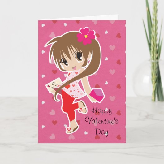 Cartes Pour Fêtes Annuelles Fille rose mignonne de Chibi de Saint-Valentin (Devant)