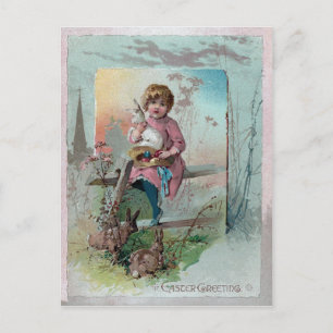 Cartes Pour Fêtes Annuelles Fille victorienne sur clôture avec lapins de Pâque