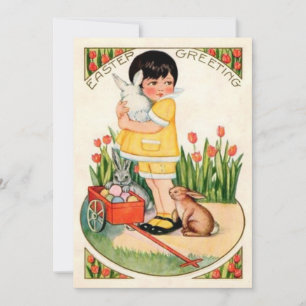Cartes Pour Fêtes Annuelles Fille Vintage avec lapins et œufs de Pâques