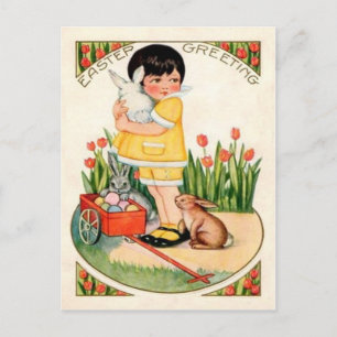 Cartes Pour Fêtes Annuelles Fille Vintage avec lapins et œufs de Pâques Pâques