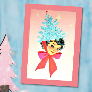 Cartes Pour Fêtes Annuelles Fille Vintage de Noël portant l'arbre comme Casque