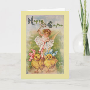 Cartes Pour Fêtes Annuelles Fille vintage de Pâques et poussins jaunes,
