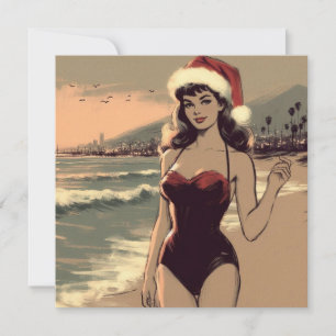 Cartes Pour Fêtes Annuelles Fille Vintage sur la Plage et Chapeau de Père Noël