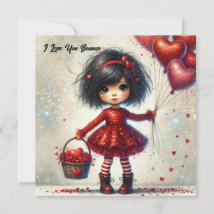 Cartes Pour Fêtes Annuelles Fillette à l'aquarelle tenant des cœurs rouges sci