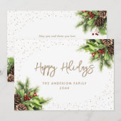 Cartes Pour Fêtes Annuelles Fir Cones Holly Red Berries Or blanc (Devant / Derrière)
