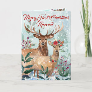 Cartes Pour Fêtes Annuelles "First Christmas Married" Modern Floral Watercolor