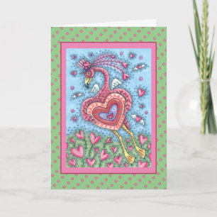 CARTES POUR FÊTES ANNUELLES FLAMANT ROSE CUPIDON ET CŒURS VOLANTS SAINT-VALENT