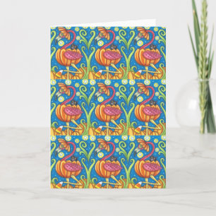 CARTES POUR FÊTES ANNUELLES FLAMANT ROSE D'HALLOWEEN & CHAT NOIR DANS CITROUIL