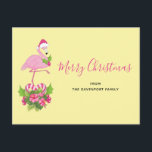 Cartes Pour Fêtes Annuelles Flamant rose rose à Santa Hat Noël Whimsical<br><div class="desc">Carte postale de Noël avec flamant de Noël à thème tropical portant un chapeau de santa rose. Sous ses pieds se trouve un bouquet de sucre de canne avec de jolies fleurs tropicales et des baies roses. Un bourgeon de saint sur sa poitrine.</div>
