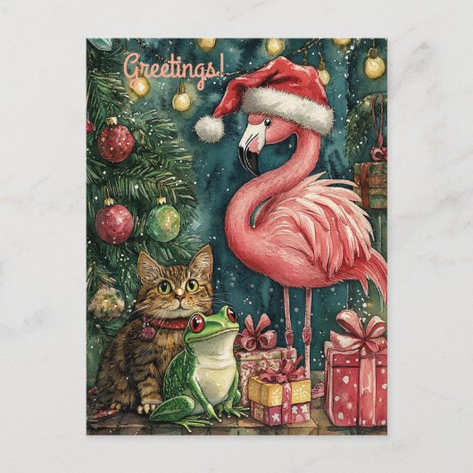 Cartes Pour Fêtes Annuelles Flamant rose rose Chat & Grenouille Noël tropical (Devant)