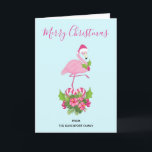 Cartes Pour Fêtes Annuelles Flamant rose rose en Santa Hat avec Sucre de canne<br><div class="desc">Une carte de Noël avec un flamant de Noël à thème tropical portant un chapeau de santa rose. Sous ses pieds se trouve un bouquet de sucre de canne avec de jolies fleurs tropicales et des baies roses. Un bourgeon de saint sur sa poitrine.</div>