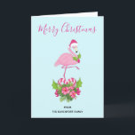 Cartes Pour Fêtes Annuelles Flamant rose rose en Santa Hat avec Sucre de canne<br><div class="desc">Une carte de Noël avec un flamant de Noël à thème tropical portant un chapeau de santa rose. Sous ses pieds se trouve un bouquet de sucre de canne avec de jolies fleurs tropicales et des baies roses. Un bourgeon de saint sur sa poitrine.</div>