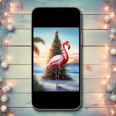 Cartes Pour Fêtes Annuelles Flamant rose rose et sapin de Noël Plage tropicale