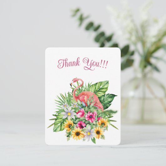 Cartes Pour Fêtes Annuelles Flamant rose rose mignon et fleurs tropicales (Debout devant)