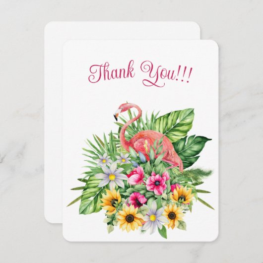 Cartes Pour Fêtes Annuelles Flamant rose rose mignon et fleurs tropicales (Devant / Derrière)