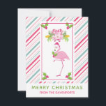 Cartes Pour Fêtes Annuelles Flamant rose rose Sucres de canne Santa Hat et Hol<br><div class="desc">Une carte festive de Noël - style plat. Arrière - plan rayée de sucre de canne rose et vert. Le dessus est un flamant rose avec une jambe levée. Portant un chapeau de santa rose et un saint saisonnier. Holly avec des baies ornent également les coins. Un bouquet fleuri au-dessus...</div>