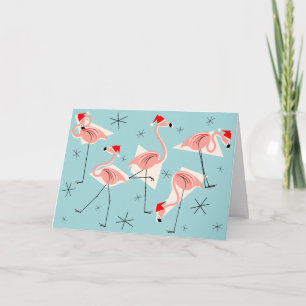 Cartes Pour Fêtes Annuelles Flamant rose Santas Bleu Joyeux Vacances horizonta