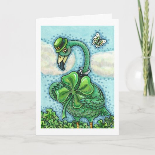 CARTES POUR FÊTES ANNUELLES FLAMANT ROSE VERT IRLANDAIS CUTE HAPPY ST. JOUR DE (Devant)