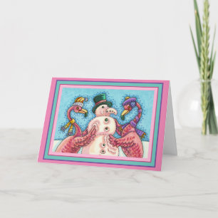 CARTES POUR FÊTES ANNUELLES FLAMANTS ROSES FONT UN BONHOMME DE NEIGE, OISEAUX