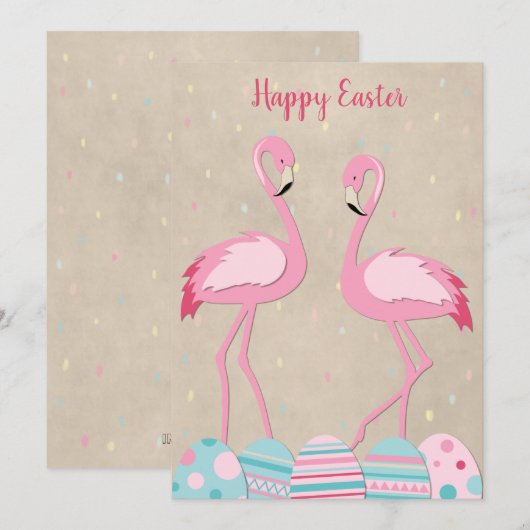 Cartes Pour Fêtes Annuelles Flamingo de Pâques et oeufs peints (Devant / Derrière)