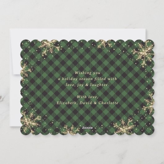 Cartes Pour Fêtes Annuelles Flammes de neige mousseuses Green Plaid Gold Chris (Dos)