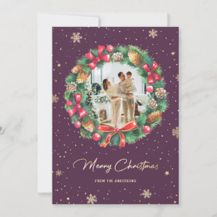Cartes Pour Fêtes Annuelles Flèche de neige en or violet Wreath Photo