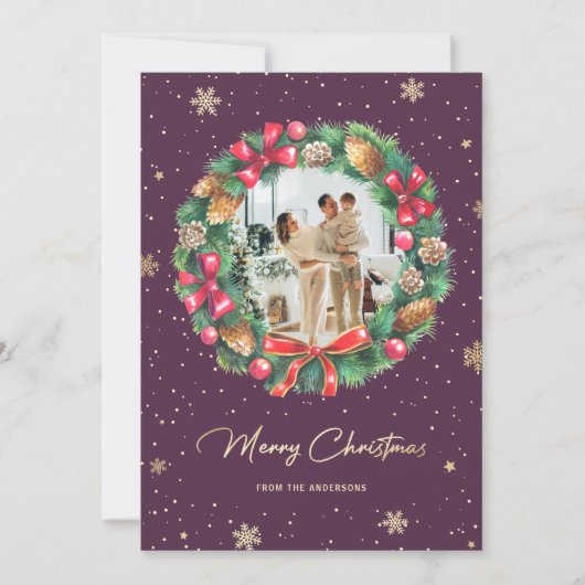 Cartes Pour Fêtes Annuelles Flèche de neige en or violet Wreath Photo (Devant)