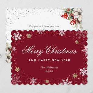 Cartes Pour Fêtes Annuelles Fleur botanique à l'aquarelle flocon de neige roug