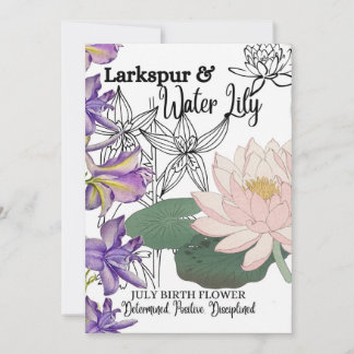 Cartes Pour Fêtes Annuelles Fleur de naissance, juillet, Larkspur, Lily d'eau,