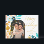 Cartes Pour Fêtes Annuelles Fleurs aquarelles bleues et or | 1 Photo Élégante<br><div class="desc">Carte de vacances photo florale aquarelle bohème bleu sarcelle et or</div>