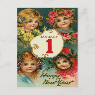 Cartes Pour Fêtes Annuelles Fleurs de fille 1er janvier Nouvel An