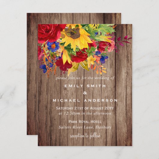 Cartes Pour Fêtes Annuelles Fleurs de soleil rustiques Roses rouges Mariage en (Devant / Derrière)