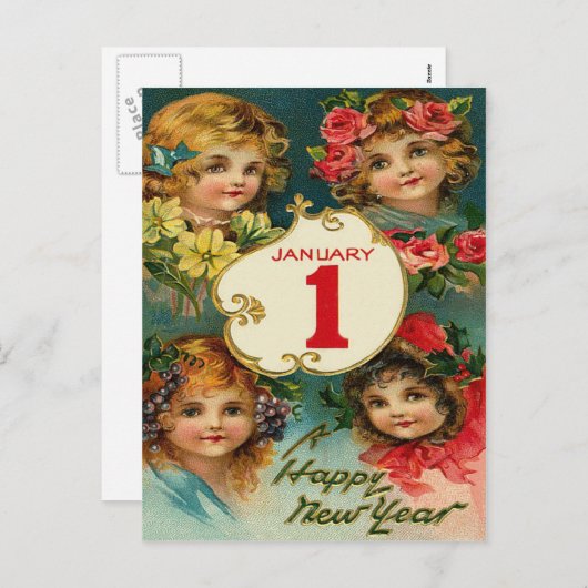 Cartes Pour Fêtes Annuelles Fleurs Filles 1er janvier Nouvel an (Devant / Derrière)