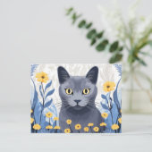 Cartes Pour Fêtes Annuelles Fleurs Jaunes Chat Bleu Russe (Debout devant)