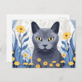Cartes Pour Fêtes Annuelles Fleurs Jaunes Chat Bleu Russe (Devant / Derrière)