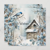 Cartes Pour Fêtes Annuelles Fleurs oiseaux maison ancienne bleu pastel Noël (Devant / Derrière)