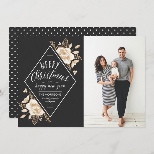 Cartes Pour Fêtes Annuelles Fleurs peintes en or Photo de Noël (Devant / Derrière)