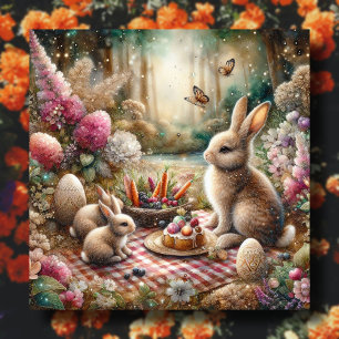 Cartes Pour Fêtes Annuelles Fleurs roses Papillons Bunny Pique-nique de Pâques