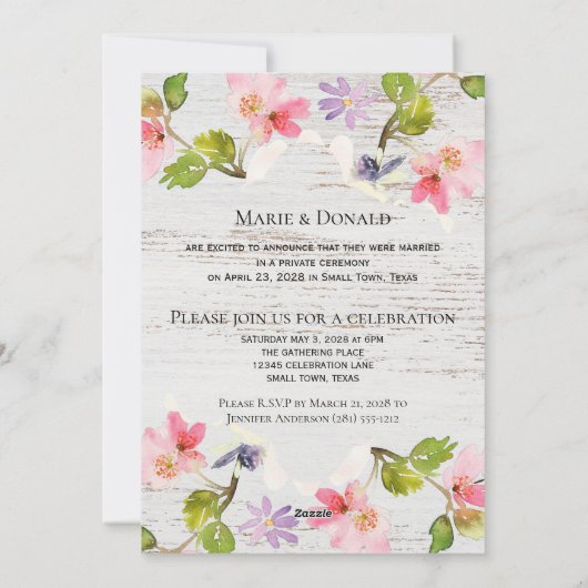 Cartes Pour Fêtes Annuelles Fleurs roses rustiques sur Bois Blanc Juste Mariés (Dos)