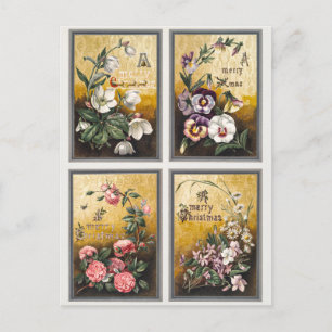 Cartes Pour Fêtes Annuelles Fleurs vintages et rennes avec traîneau (1865-1899