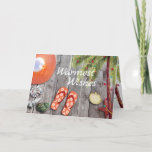 Cartes Pour Fêtes Annuelles Flip Flops, Palmier, Christmas Lights Beach<br><div class="desc">Cette carte de voeux de vacances à la plage Warmest dispose d'une jolie paire de tongs orange et de casquette de soleil. Coquillages et palmier aquarelle ornés de lampes à cordes de Noël, le tout sur un arrière - plan en bois. Salutation intérieure ~ "de mon Paradis des Vacances à...</div>