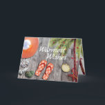 Cartes Pour Fêtes Annuelles Flip Flops, Palmier, Christmas Lights Beach<br><div class="desc">Cette carte de voeux de vacances à la plage Warmest dispose d'une jolie paire de tongs orange et de casquette de soleil. Coquillages et palmier aquarelle ornés de lampes à cordes de Noël, le tout sur un arrière - plan en bois. Salutation intérieure ~ "de mon Paradis des Vacances à...</div>
