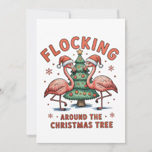 Cartes Pour Fêtes Annuelles Flockage autour du sapin de Noël Flamant Rose