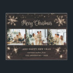 Cartes Pour Fêtes Annuelles Flocon de neige Bois rustique 3 Photo Collage<br><div class="desc">Photo rustique Carte postale Joyeux Noël et Joyeux Nouvel An avec un collage photo avec étoiles, flocons de neige et une belle lettre de voeux de vacances dans une police de script festif. Personnalisez facilement cette carte postale rustique de vacances en bois avec vos photos, nom de famille et texte....</div>