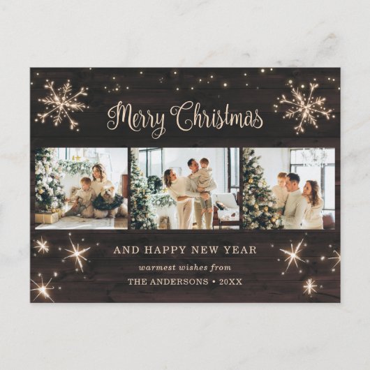 Cartes Pour Fêtes Annuelles Flocon de neige Bois rustique 3 Photo Collage (Devant)