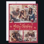 Cartes Pour Fêtes Annuelles Flocon de neige rouge et or 4 photo Collage Noël<br><div class="desc">Calligraphie moderne élégante Flocon de neige rouge et or 4 Collage de photos Joyeux Script de Noël Carte de vacances. Ce modèle de carte de voeux festif, minimaliste, quatre (4) jours fériés avec une grille photo collage, un flocon de neige et dit "Joyeux Noël"! Le texte de salutation "Joyeux Noël"...</div>