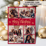 Cartes Pour Fêtes Annuelles Flocon de neige rouge et or 5 Collage photo Noël<br><div class="desc">Calligraphie moderne simple élégante Flocon de neige rouge et or 5 Photo Collage Joyeux Script Carte de vacances. VEUILLEZ NOTER QUE CES CARTES DE TAILLE 6, 5" X 8, 75" SONT PLUS GRANDES QUE LA MOYENNE, EN RAISON DE LA TAILLE PLUS GRANDE DE LA CARTE, IL EST PRESQUE CERTAIN QUE...</div>